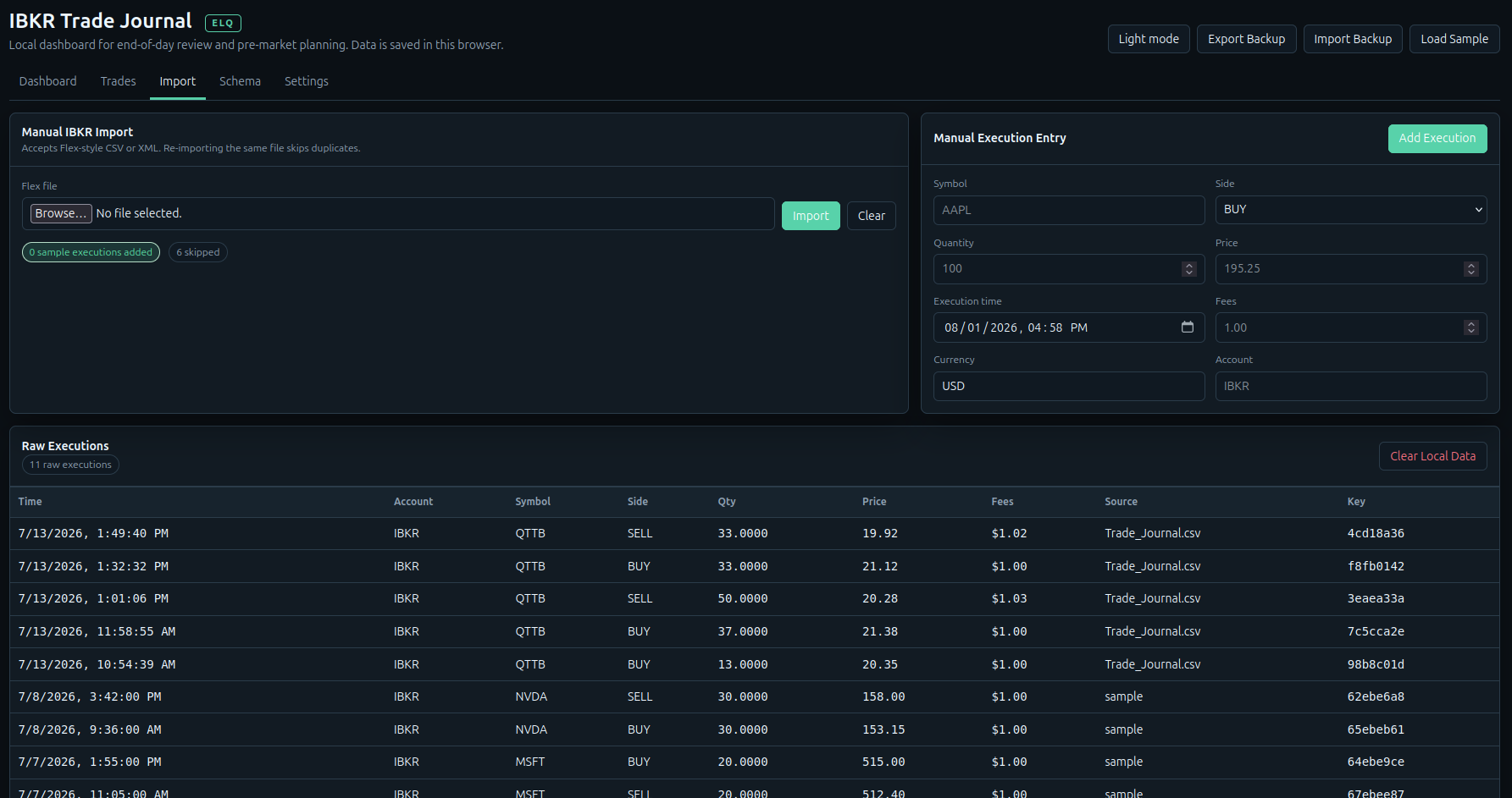 IBKR Trade Journal import screenshot