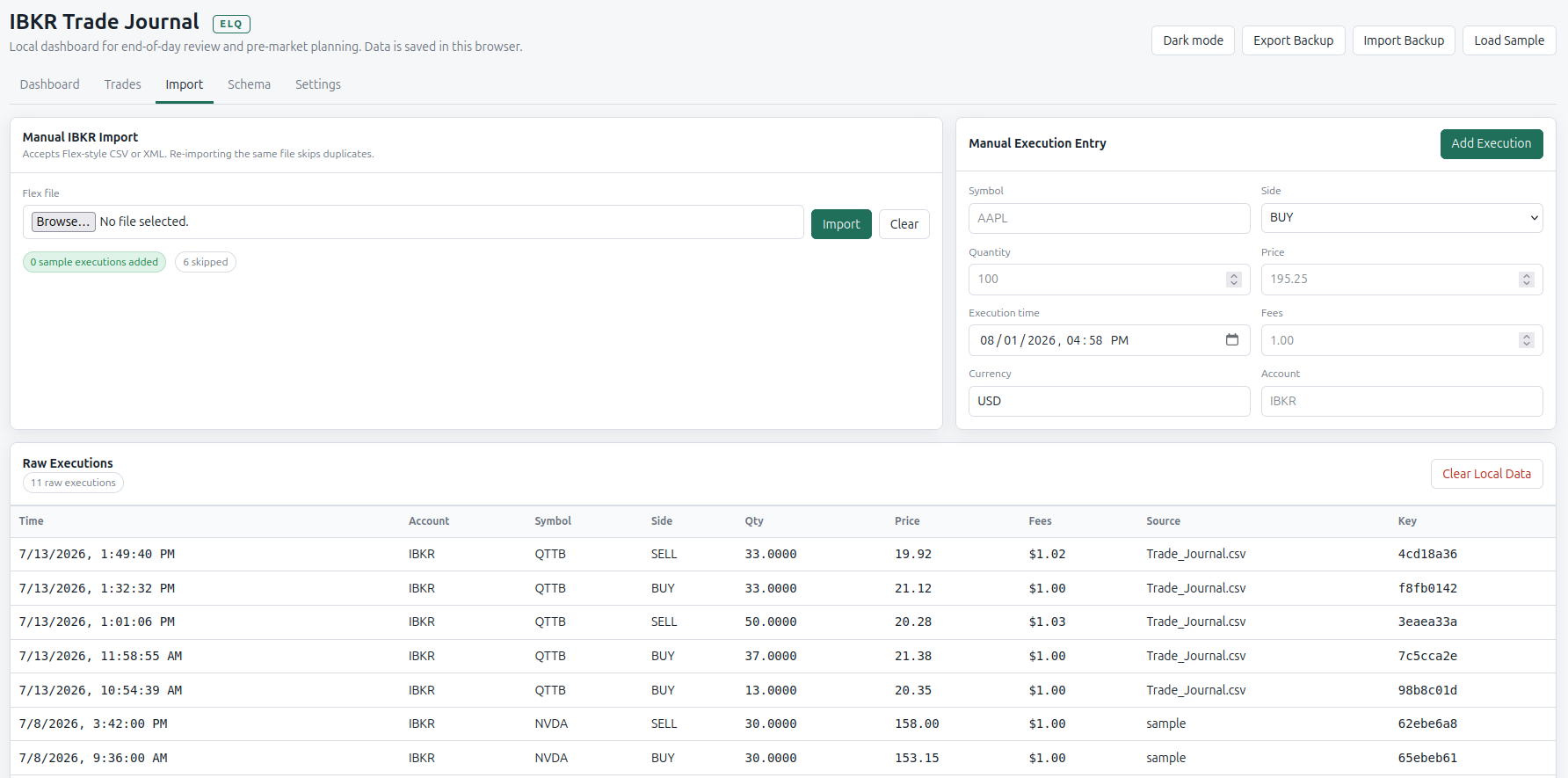 IBKR Trade Journal light mode screenshot