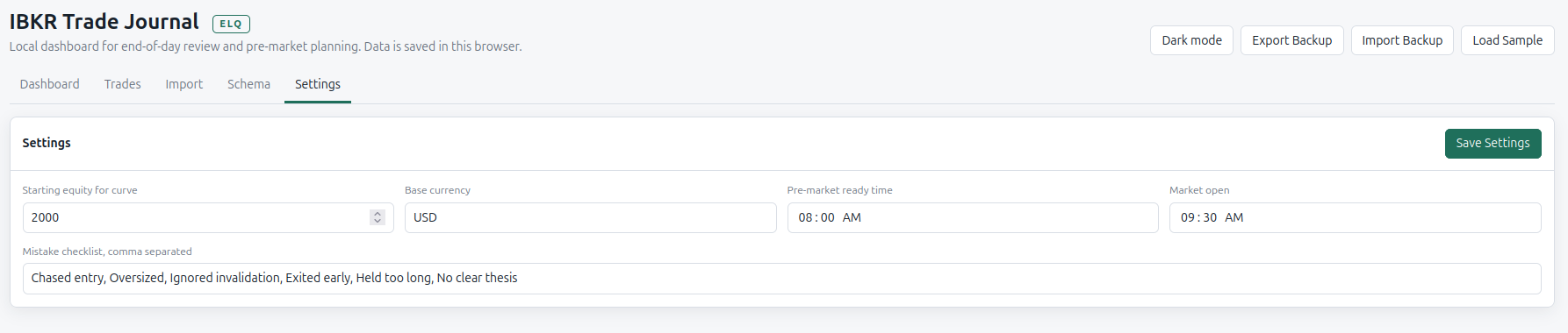IBKR Trade Journal light mode screenshot