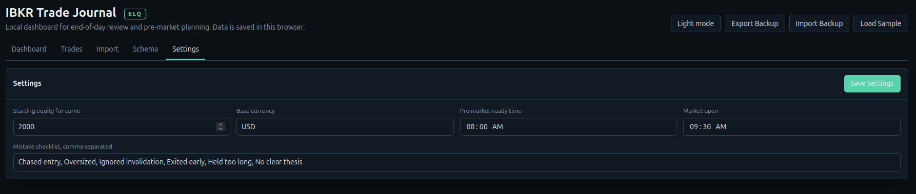 Trade Journal settings screenshot